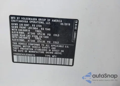 2018 Volkswagen Atlas 3.6L V6 Se from USA, damaged, VIN 1V2KR2CAXJC563215